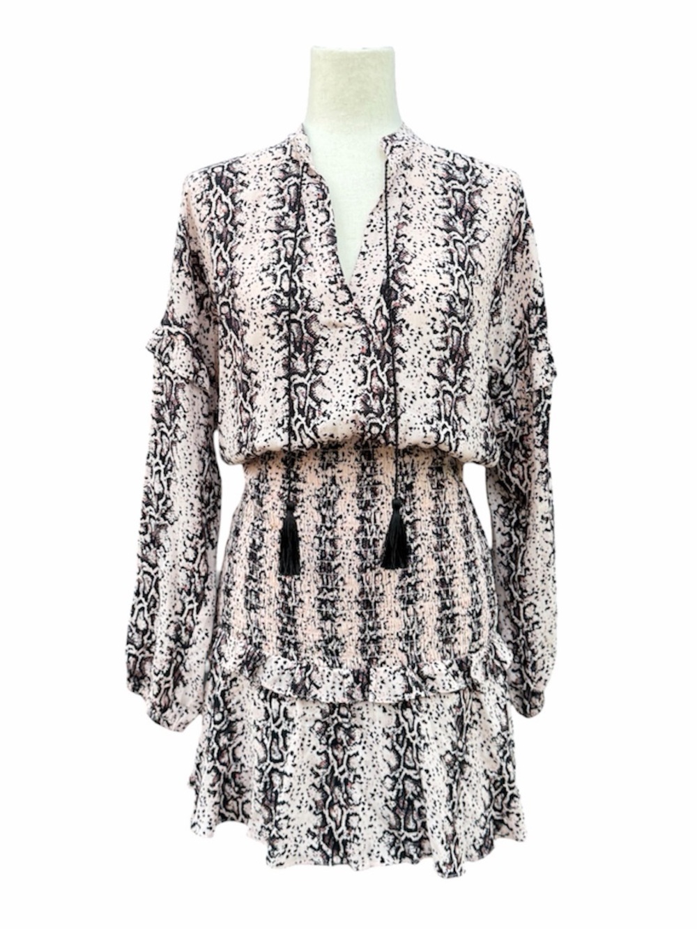 Aqua Boho Snake Python Print Tassel Mini Dress smocked skirt Blush Black XS